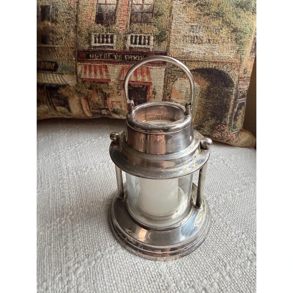 Vintage Lunt Silverplate Lantern Candle Holder Glass Hurricane Miniature Table L